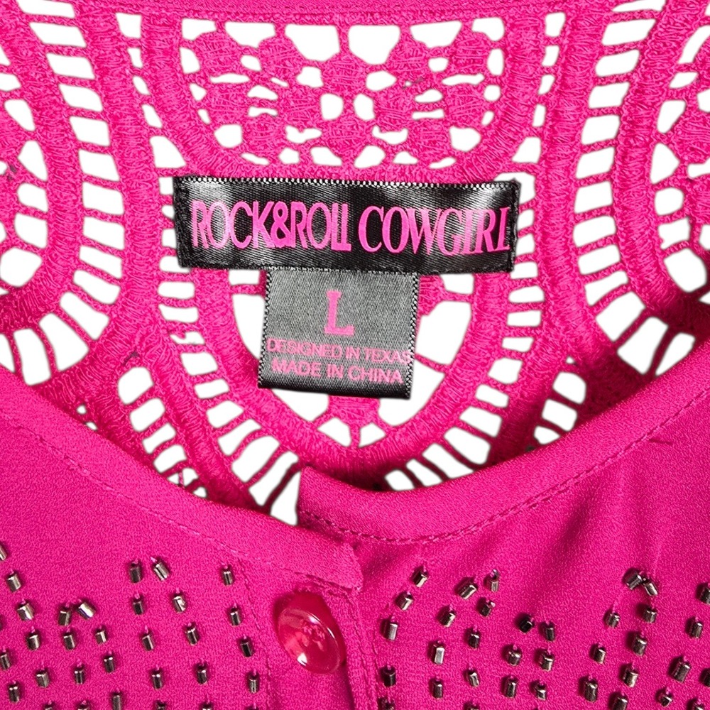 Rock & Roll Cowgirl Pink Tie-Front Lace Back Blouse Women's Size Large Mint! - Picture 3 of 6